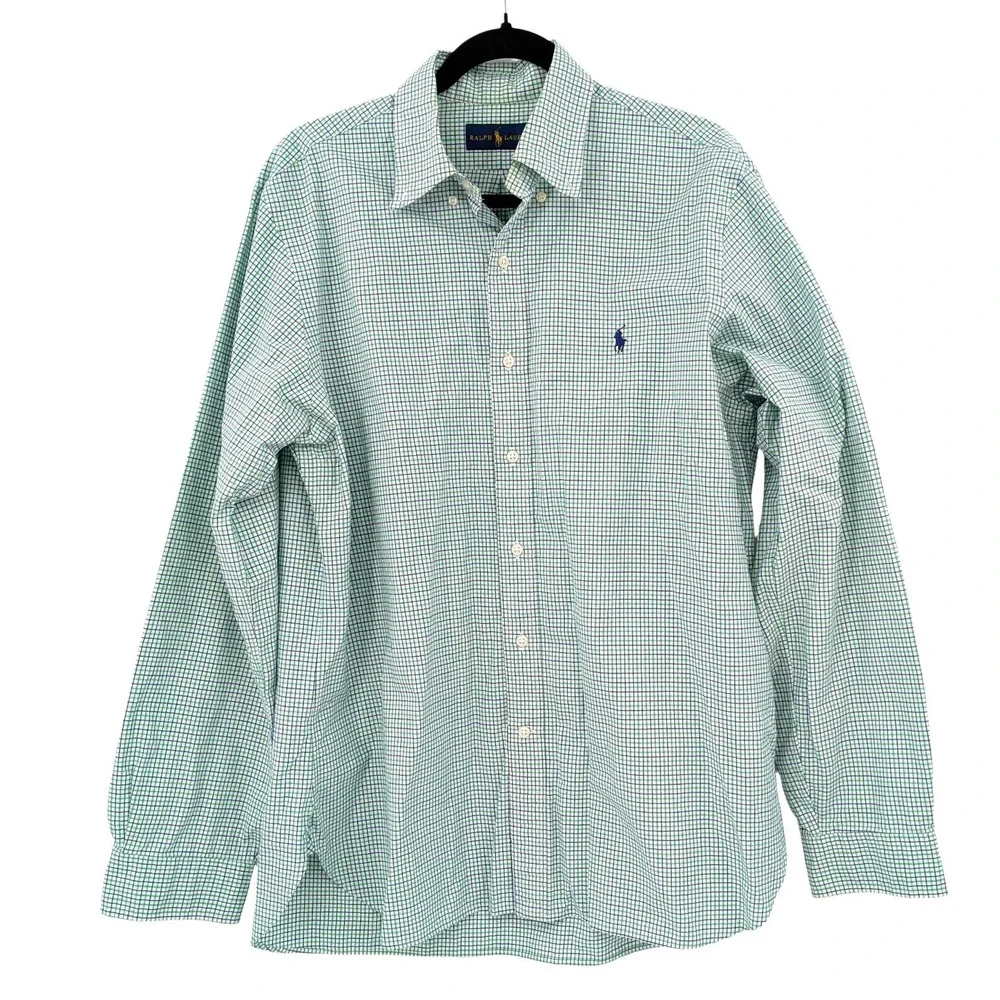 Ralph Lauren Boys Green Blue Gingham Preppy‎ Button Down Shirt Size 16